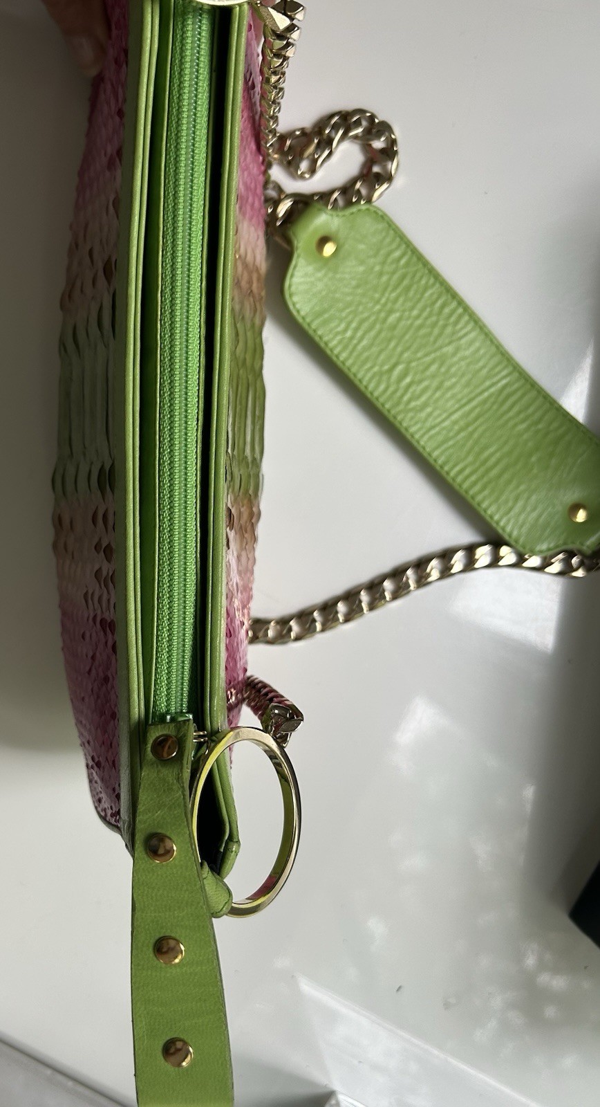CLAUDIA CIUTI Made in Italy Snake skin Pnk & Green Leather bag with gold chain
