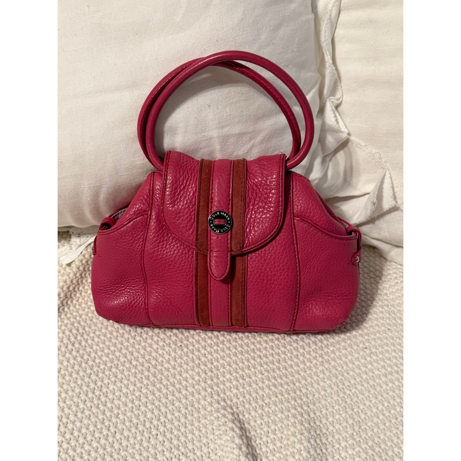 Cole Haan Pink Pebbled Leather Small Satchel Bag Suede Stripe Accents Handbag