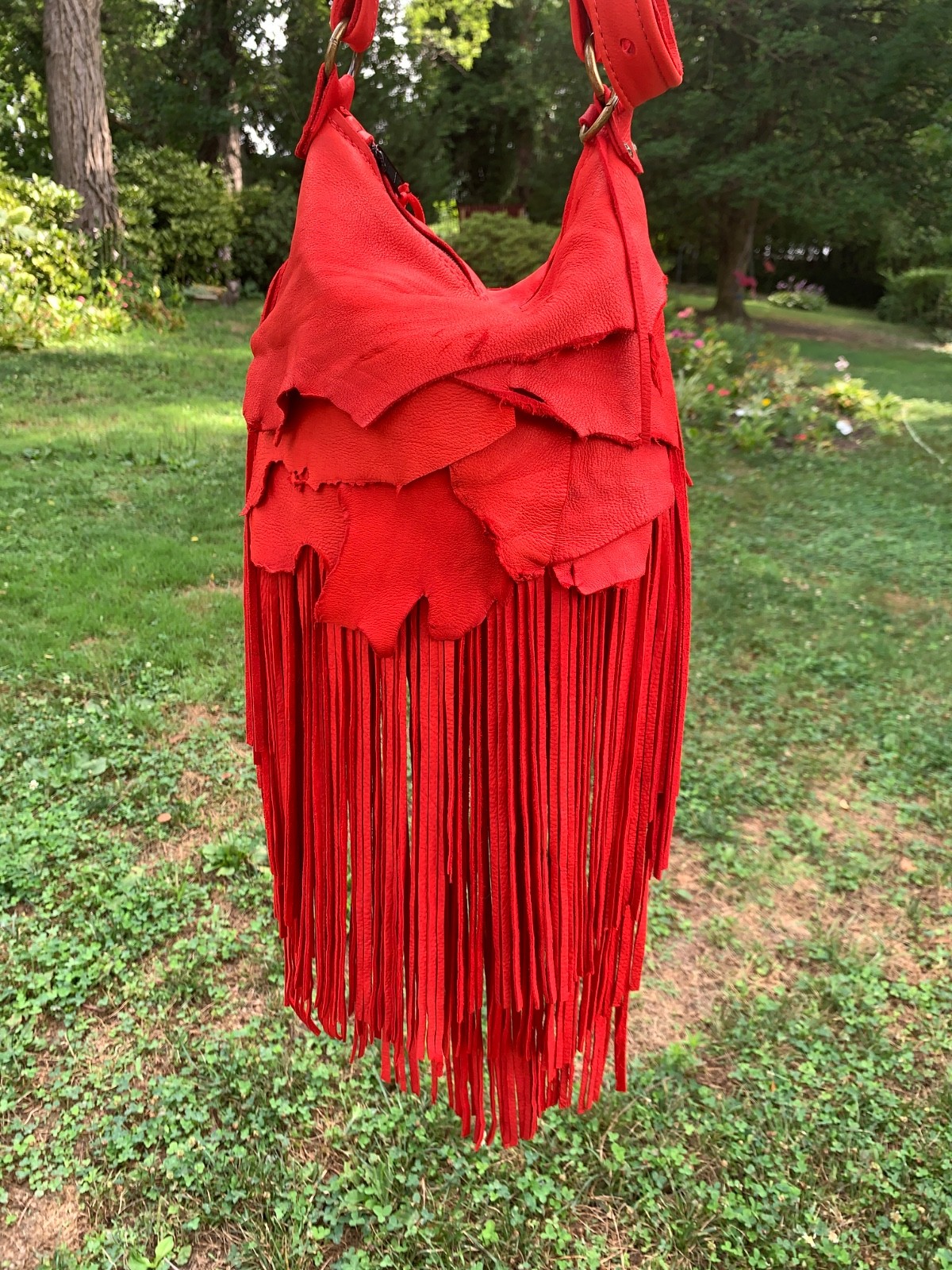 Soft RED Deerskin, beads, BOHO long fringe crossbody bag USA!