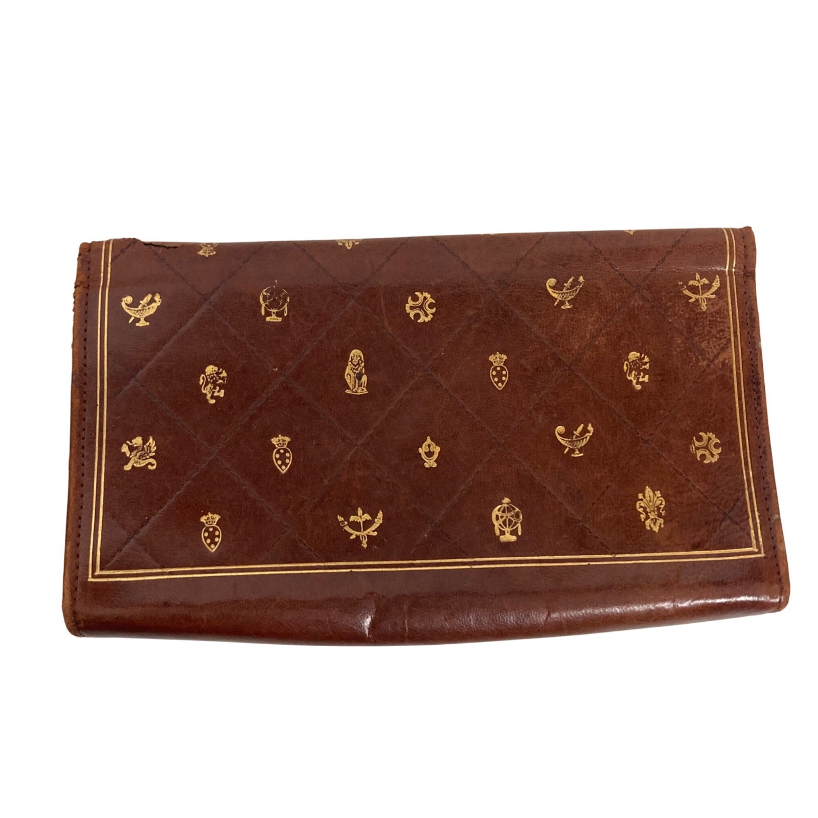 Vintage Italian Brown Leather Clutch Gold Embossed Made in Italy Old Money