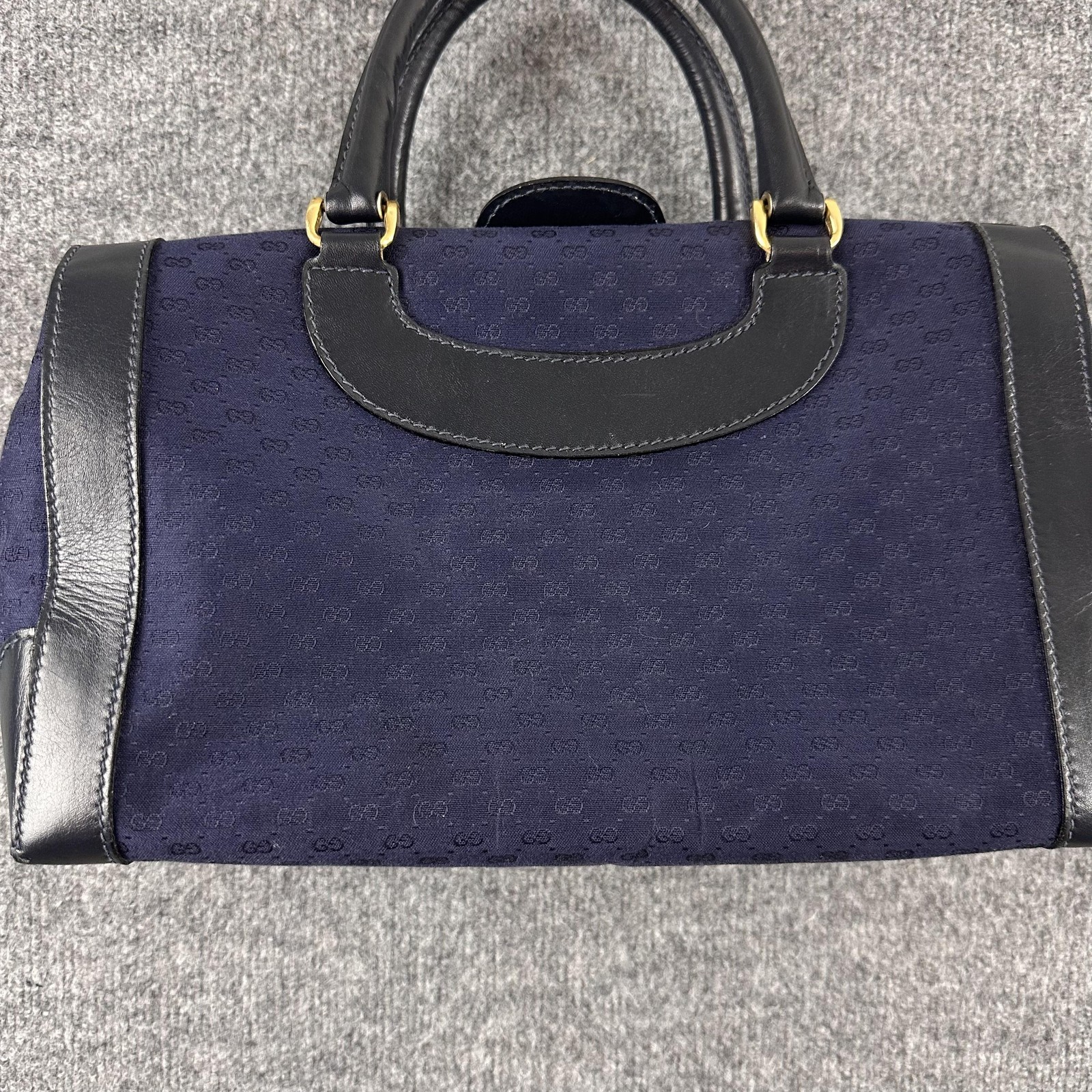 Vtg Gucci Micro GG Canvas Boston Satchel Bag Handle Navy Leather Italy 90s 80s