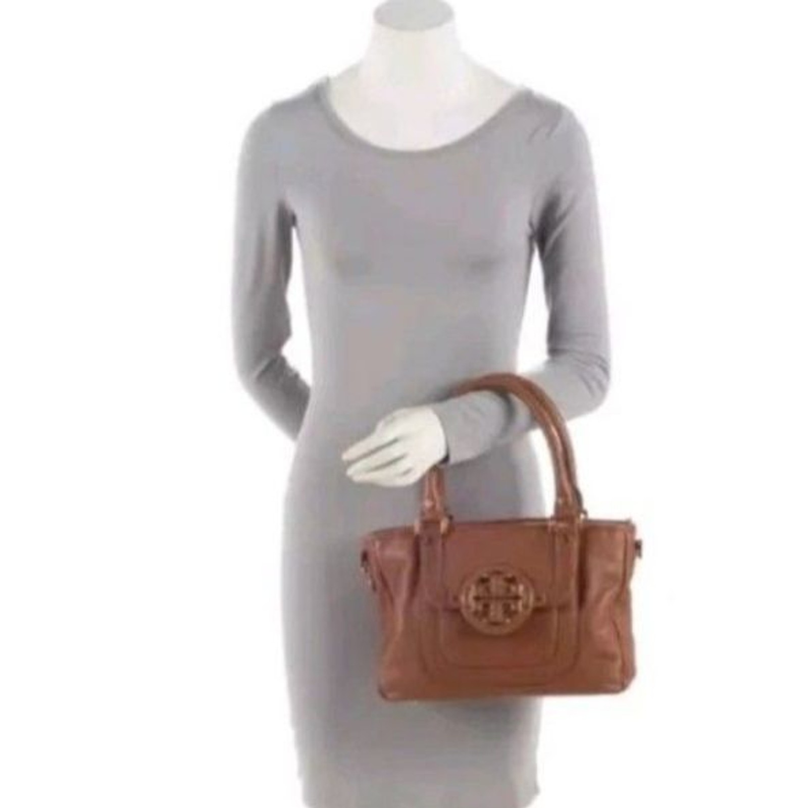 Tory Burch Amanda Cognac Brown Pebble Leather Dual Handle Satchel Handbag