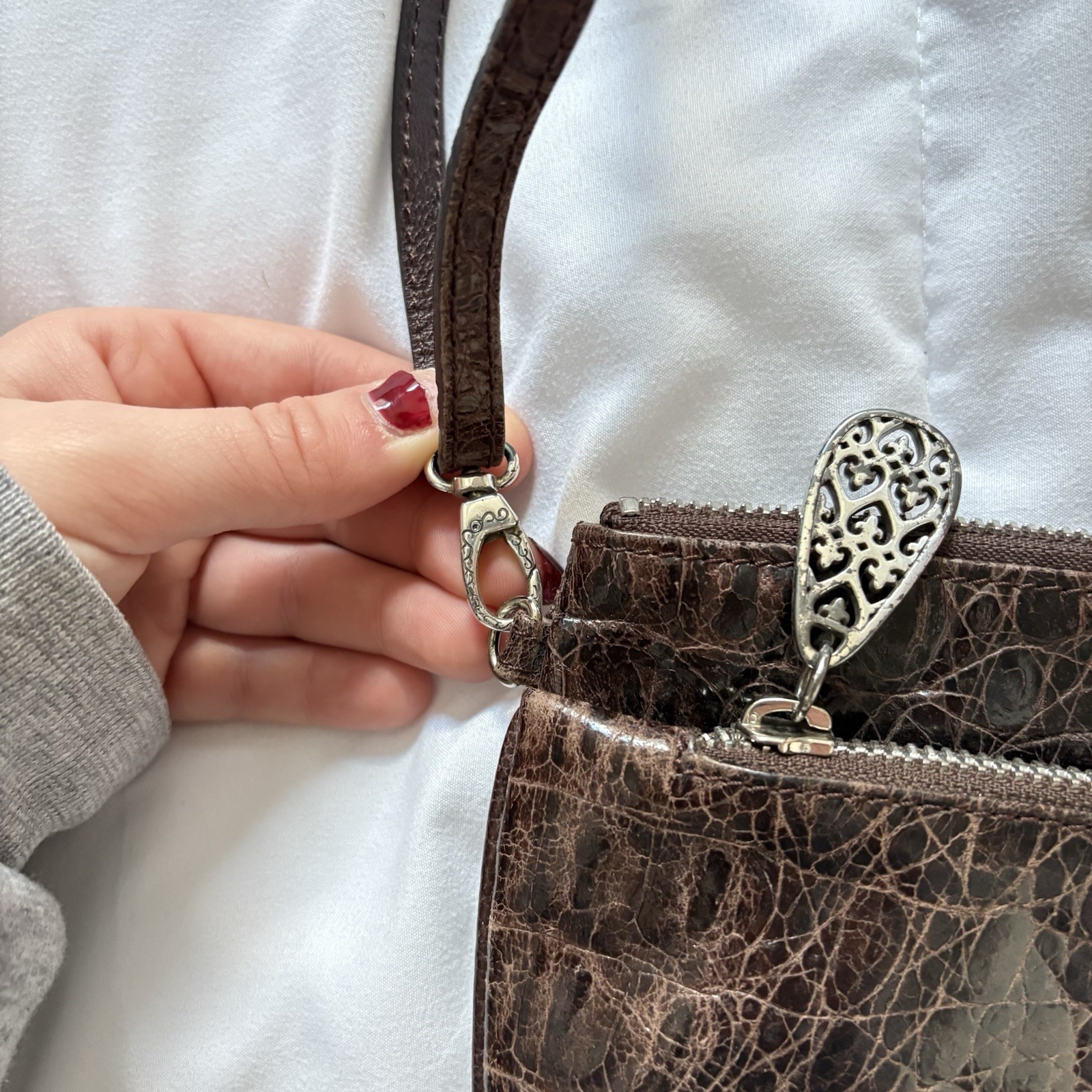 Vintage 90s Y2K Brighton Brown Leather Reptile Print Shoulder Bag Hearts