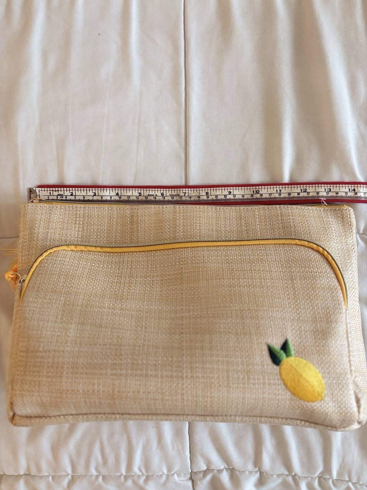 NWT Dabney Lee Natural Looking Straw Pouch w Yellow Accents Embroidered Lemon