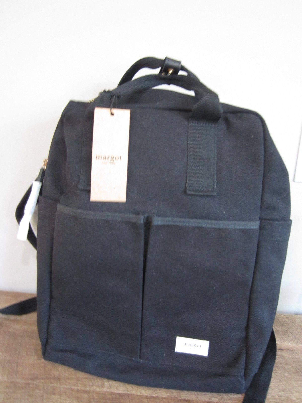 NWT Margot New York Amber Canvas Black Backpack Brushed Gold Brass Hardware 25
