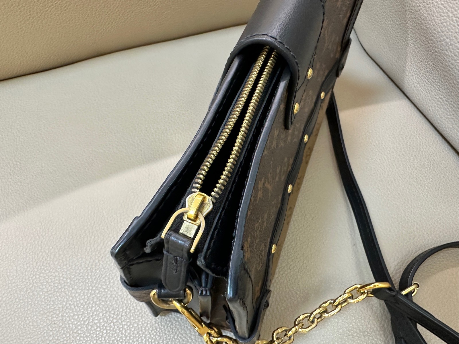 Louis Vuitton Trunk Clutch Monogram Canvas Brown Leather Crossbody Bag Authentic