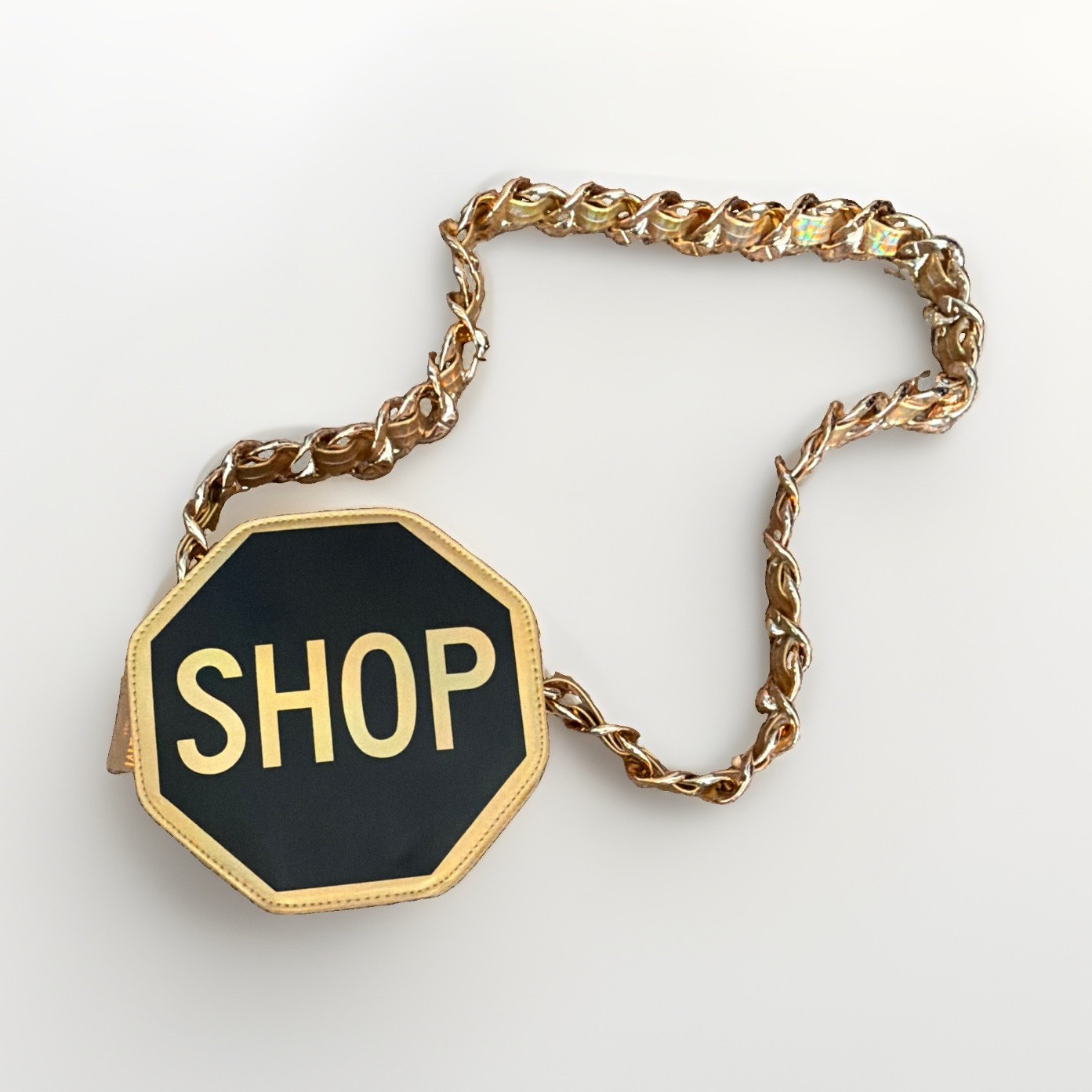 Women’s Small Octagon “SHOP” Logo Crossbody Bag Black/Gold Zip Chain Strap