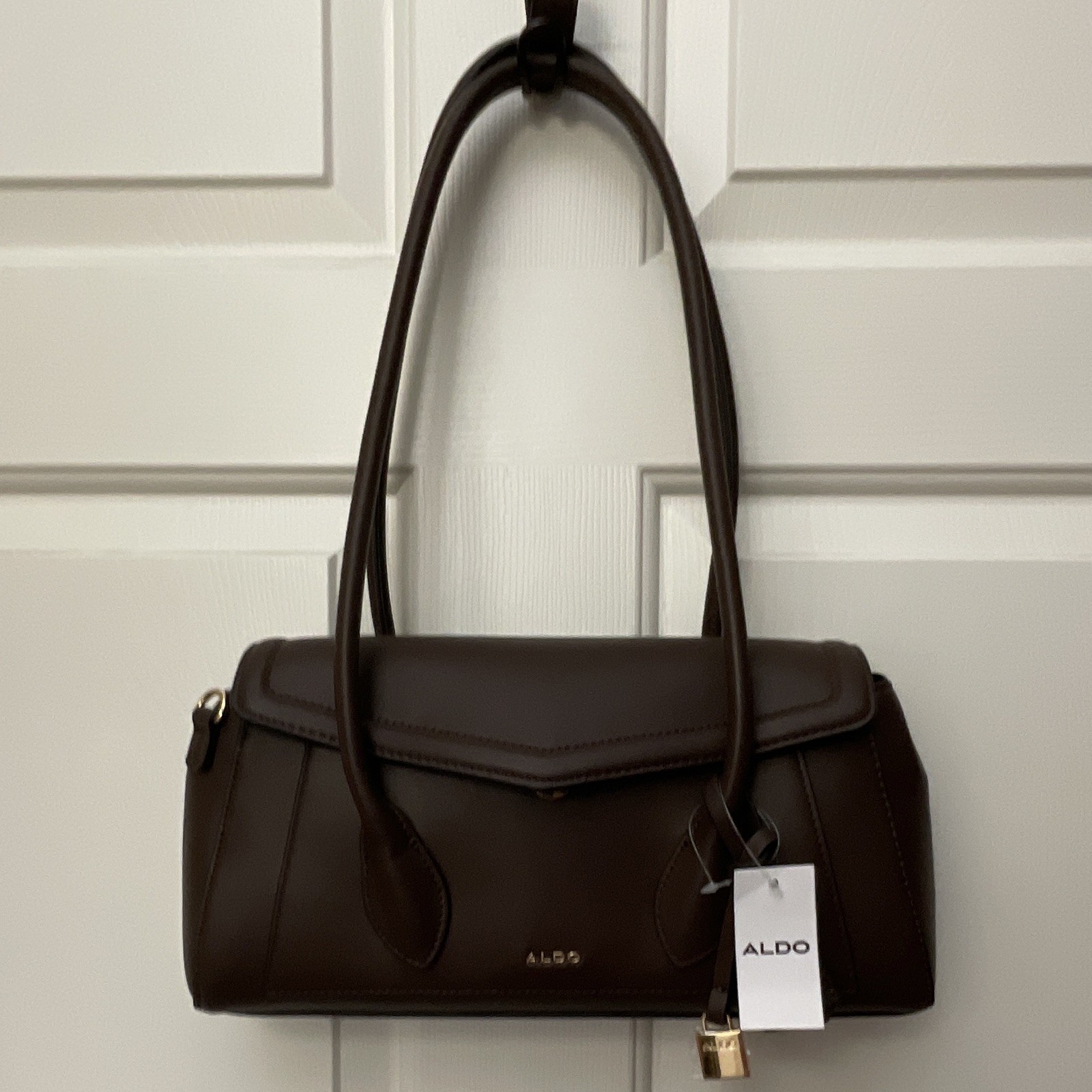 ALDO Brown Logo Zip Shoulder Bag, Detachable Adjustable Strap, Pockets, Lined