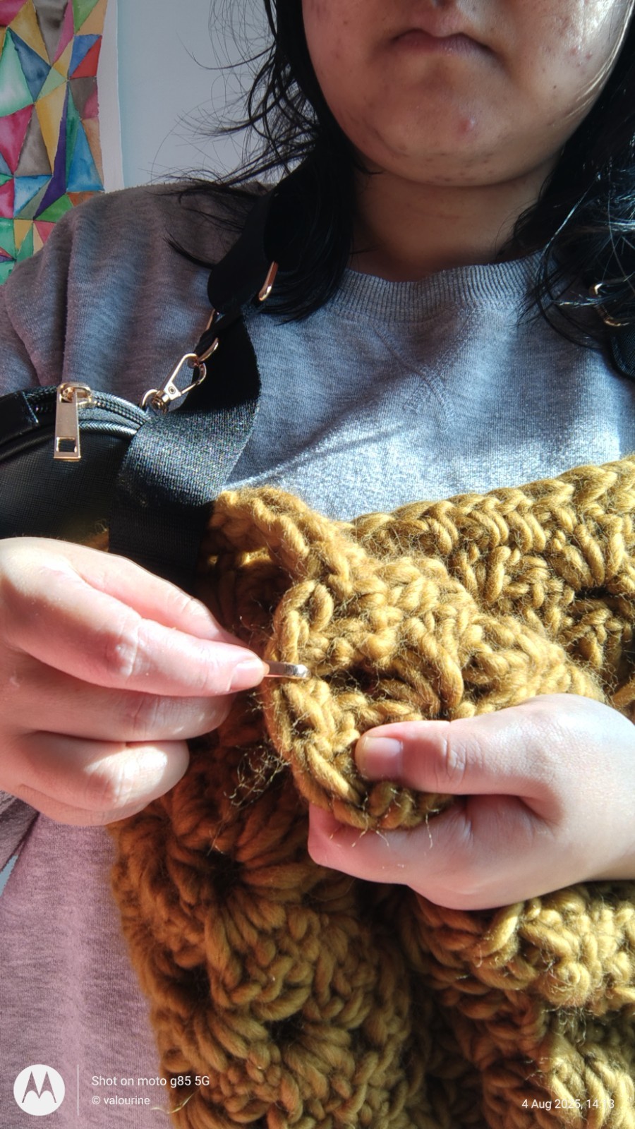 Mustard Crochet Yarn Floral Crescent Crossbody Bag Large Black Strap Handmade