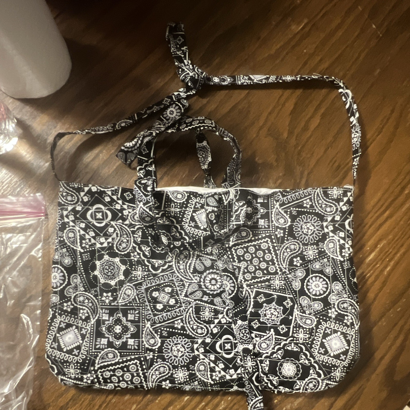 Women’s Black & White Paisley Tote Bag, Bow Accents, Double Handles, Large