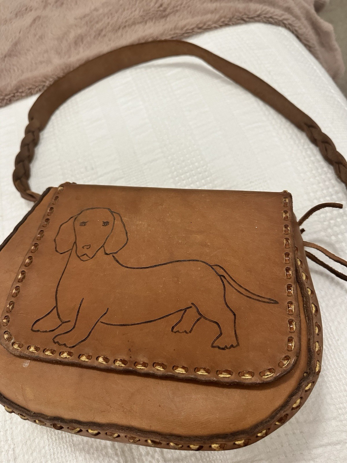 Handstitched Dachshund Shoulder Bag Braided Adjustable Strap Tie Closure