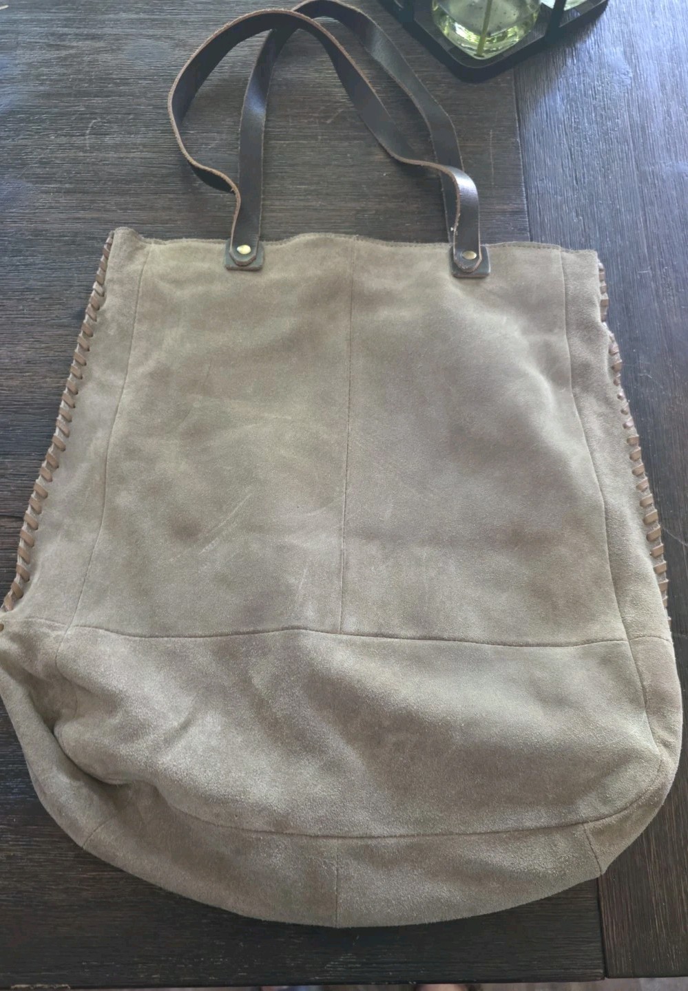 SONDRA ROBERTS Large Suede Tan Tote Lazer Cut Leather Trim