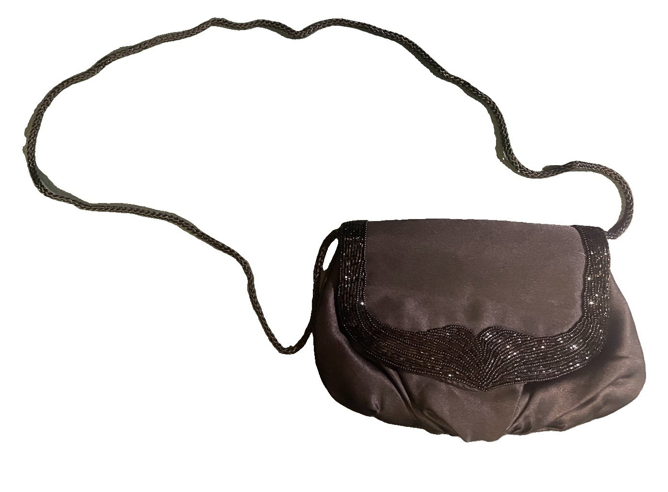 La Regale Vintage Beaded Evening Bag Black Satin Exterior Woven Strap