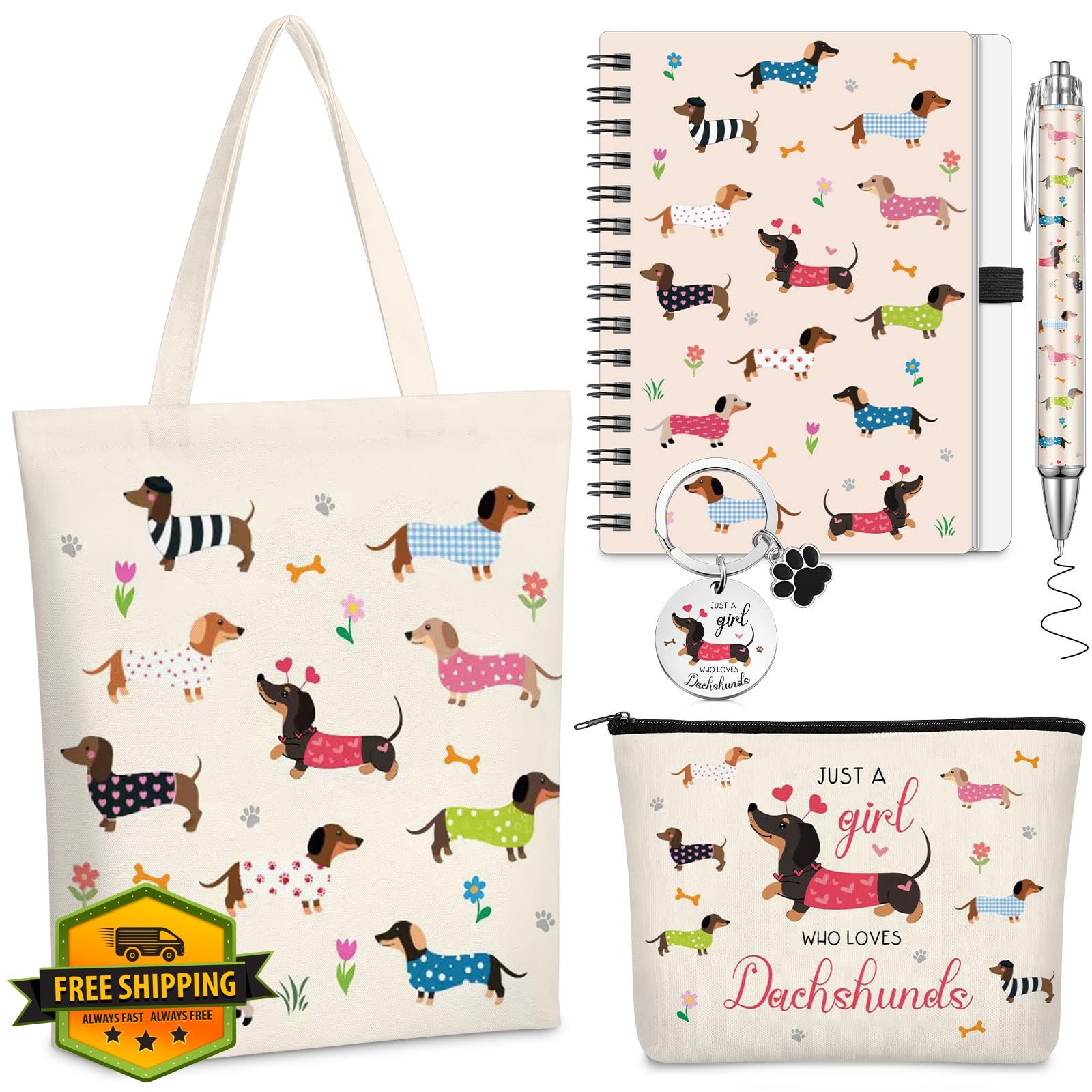 Sunnymove Dachshund Beige Tote Bag Keychain Set