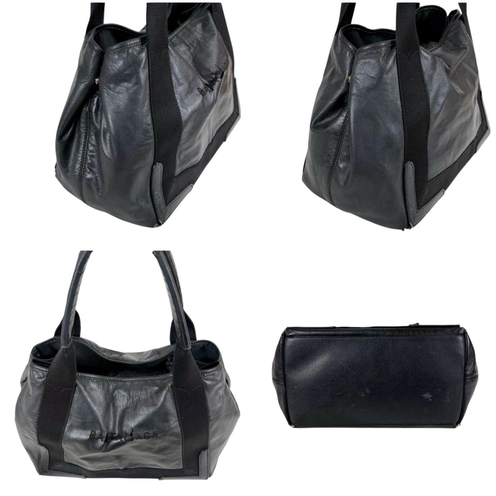 BALENCIAGA Navy Cabas S Tote Bag Black Leather Handbag Logo 339933 Woman’s Auth