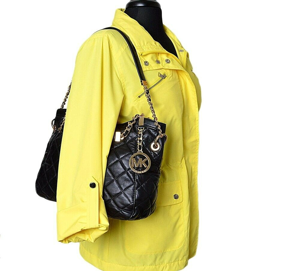 🌞MICHAEL KORS SUSANNAH BLACK QUILT LEATHER GOLD LOGO MEDIUM SHOULDER BAG🌺NWT!