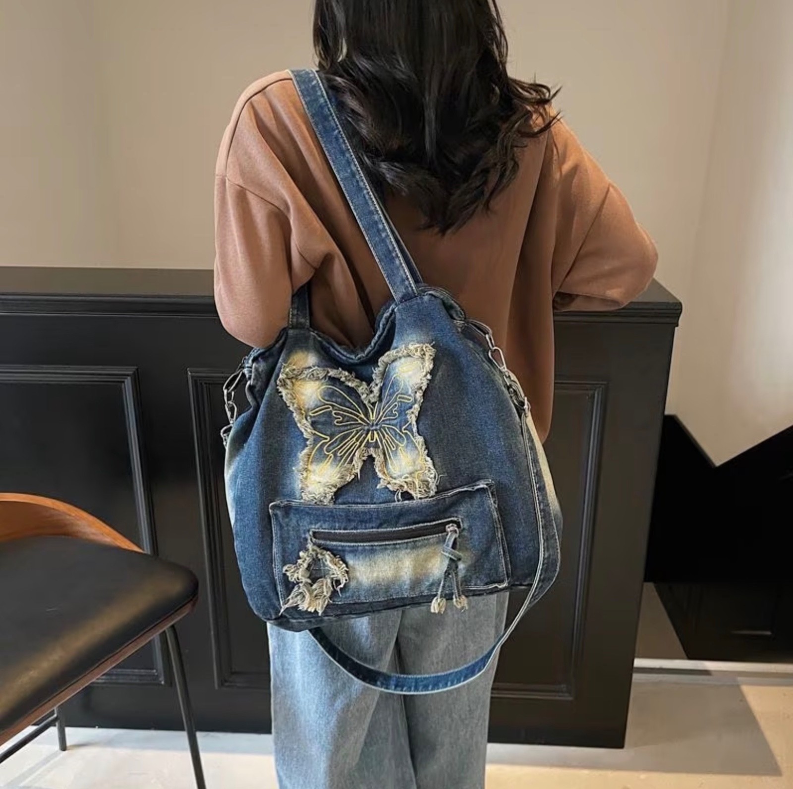 Dark Blue Denim Crossbody Shoulder Bag With Butterfly Design