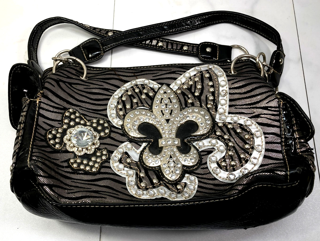 Cowgirl Black Western Purse Rhinestone Bling Faux Leather Shoulder Handbag