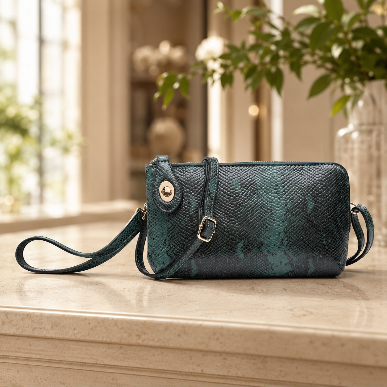 Jen & Co Kendall Hunter Green Python Print Crossbody Wristlet Vegan Leather