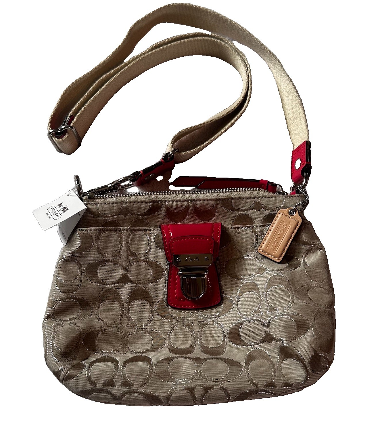 Coach Signature Swingpack Crossbody Bag Small Khaki Pink Strap