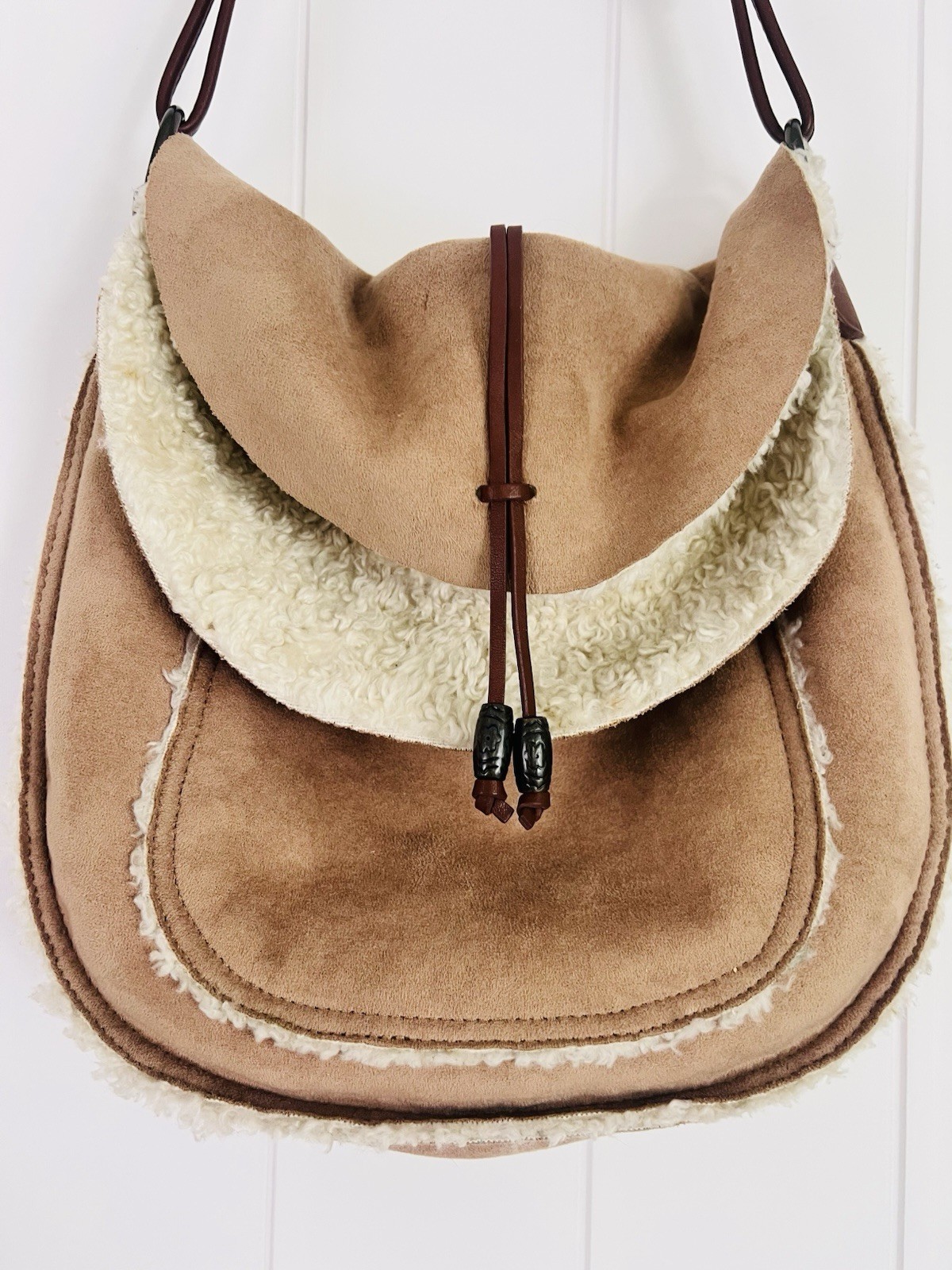 J. Jill Tan Suede Boho Faux Shearling Shoulder Bag Foldover Country Western