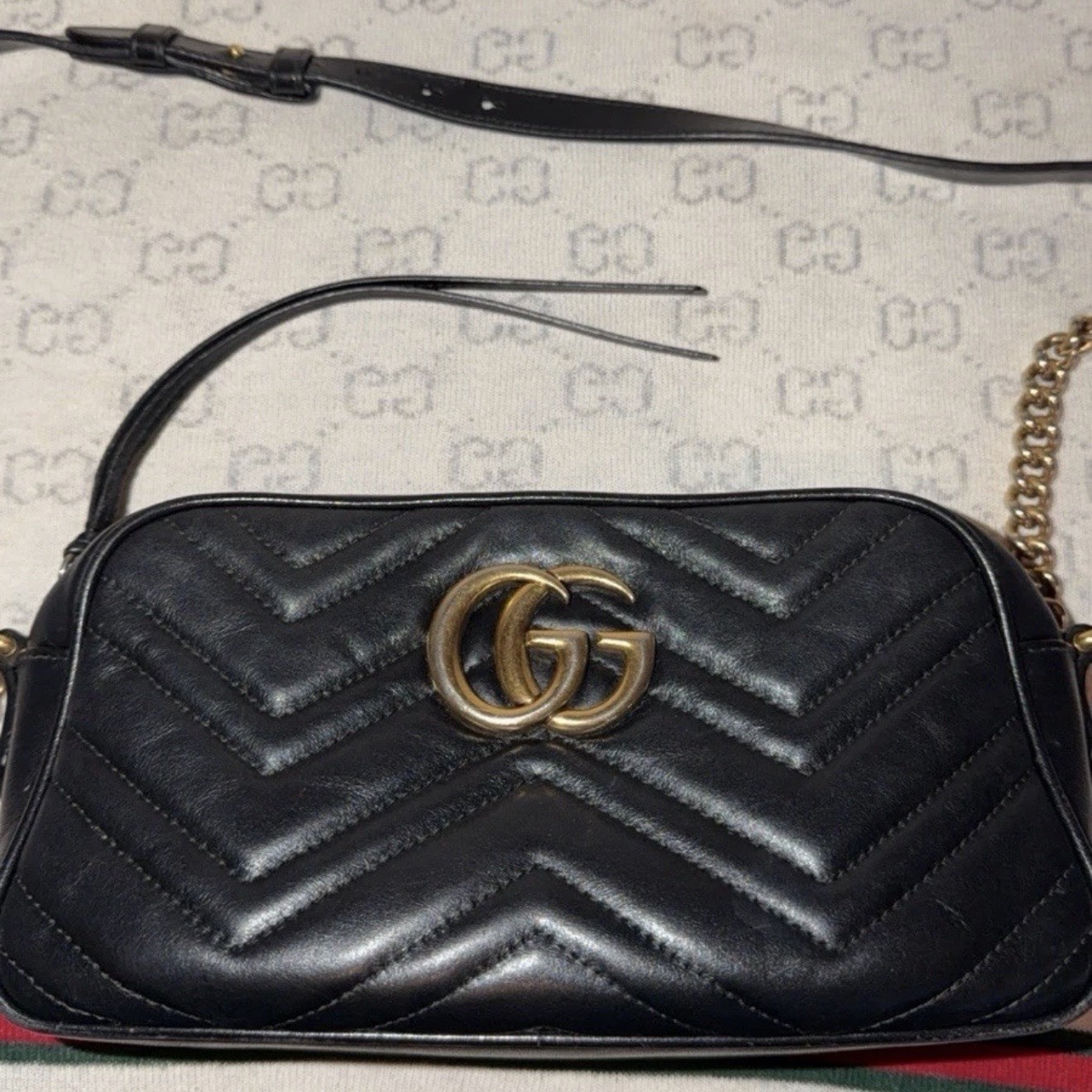 GUCCI GG Marmont Quilted Shoulder Bag Black Gold Hardware Adjustable Strap