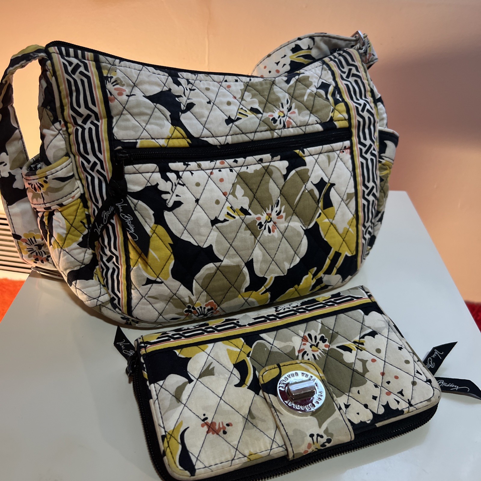 Vera Bradley Dogwood Purse Crossbody Matching Wallet Yellow Black 2012 Retired