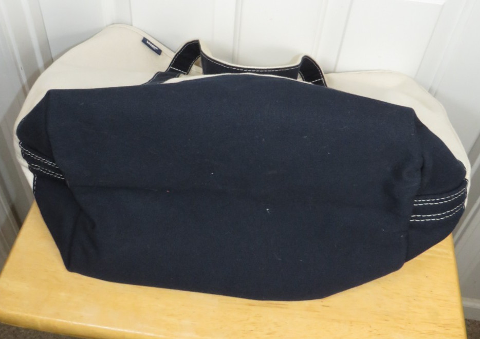 LANDS END Canvas Boat Tote Bag XL Open Top 21”x16”x9” Natural/Navy Logo*