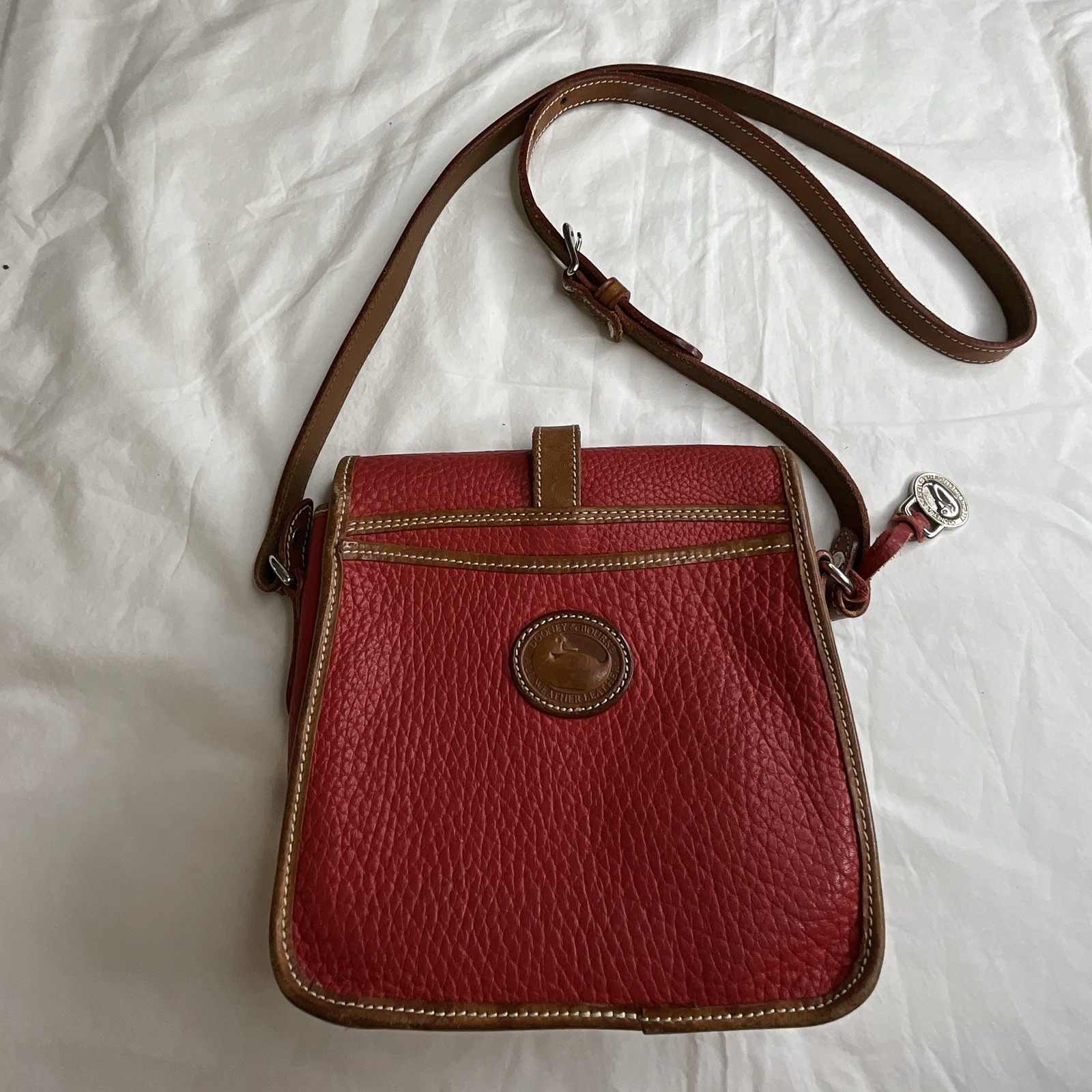 Dooney & Bourke Red Pebbled Crossbody Bag Brown Trim Detachable Strap