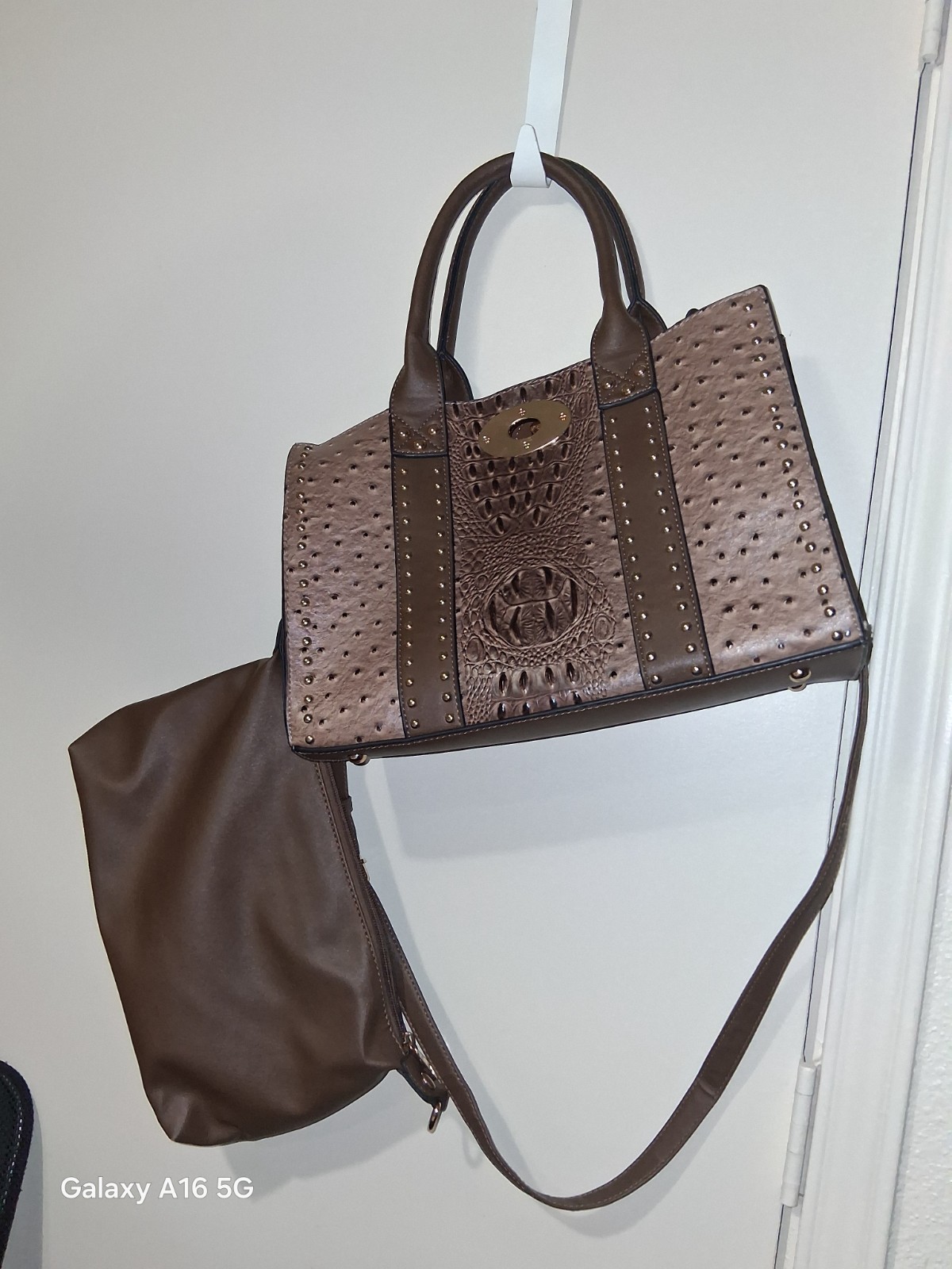 Brown Ostrich Embossed Satchel Handbag Studded Tote Shoulder Bag Faux Leather