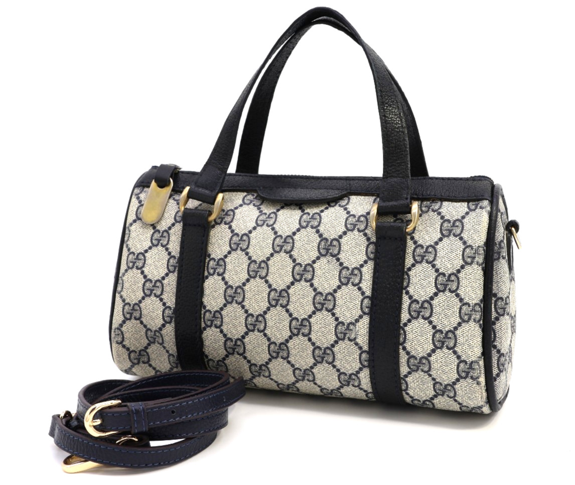 GUCCI VINTAGE GG Supreme 2way Handbag Logo PVC Navy Classic Authentic