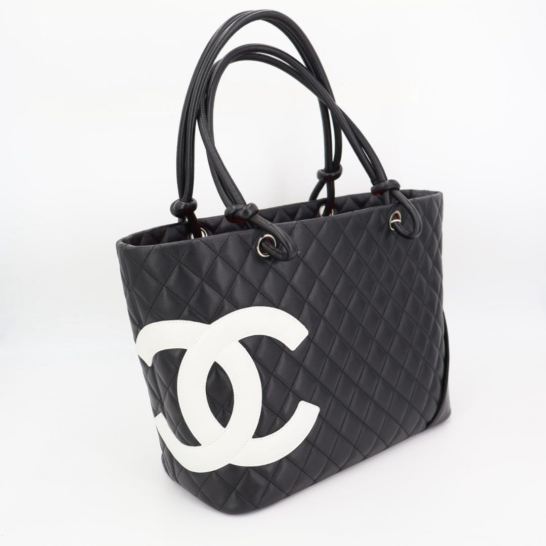 CHANEL Cambon Line Large Tote Bag Black Leather White CC Logo Pink Interior Auth