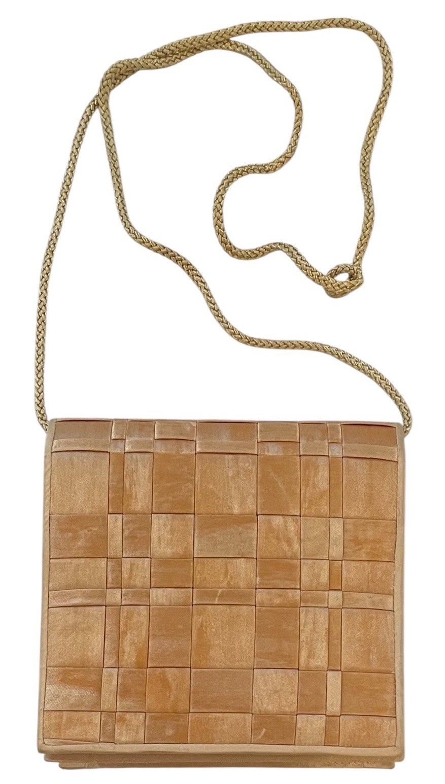 Vtg Tan Woven Silky Fabric Basketweave Woven Clutch Shoulder Bag Cocktail Luxury