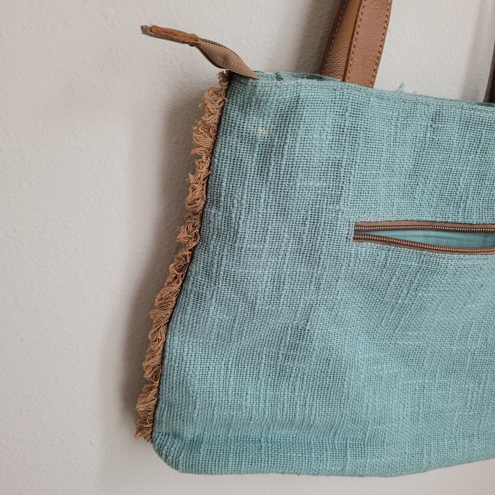 Coastal Waves Myra Woven Canvas Shoulder Tote Purse Leather Straps **EXCELLENT