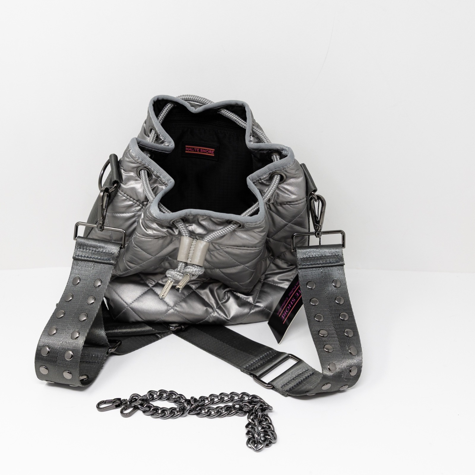NEW Haute Shore Lindsey Leatherette Quilted Puffer Bucket Bag Purse Iron Silver