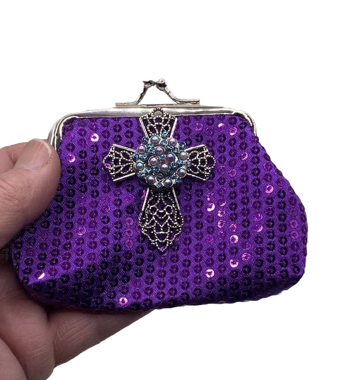 Purple Sequin Coin Purse Silver Cross Pearls & Aqua Blue 18mm Snap Button NEW