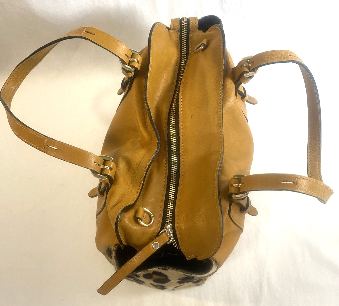A Bellucci Handbags Leather & Pony Hair Satchel Golden Honey Brown Double Handle
