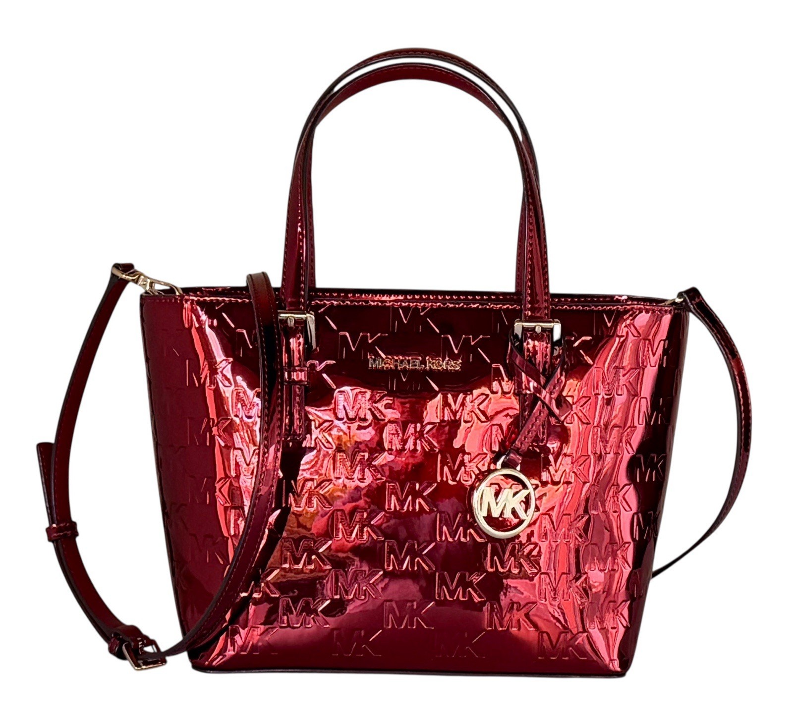 Michael Kors Jet Set Travel XS Tote Shoulder Bag MK Mirror Metallic Cherry
