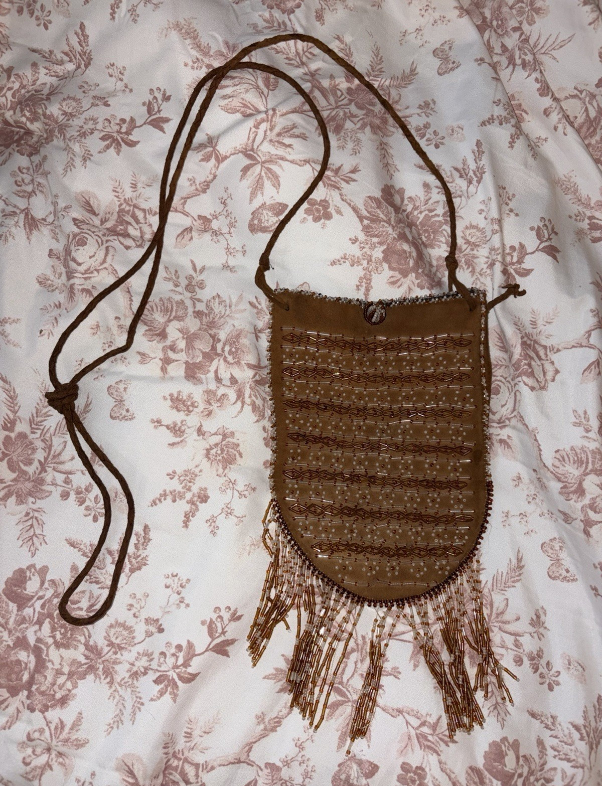 Women’s Brown Suede Beaded Fringe Crossbody Bag Beaded Closure Lined