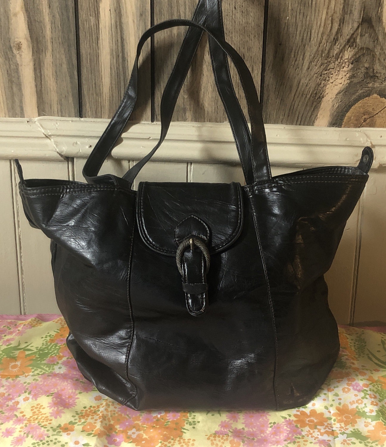 Vintage Capezio Black Faux Leather Large Tote Snap Buckle Double Handles Lined