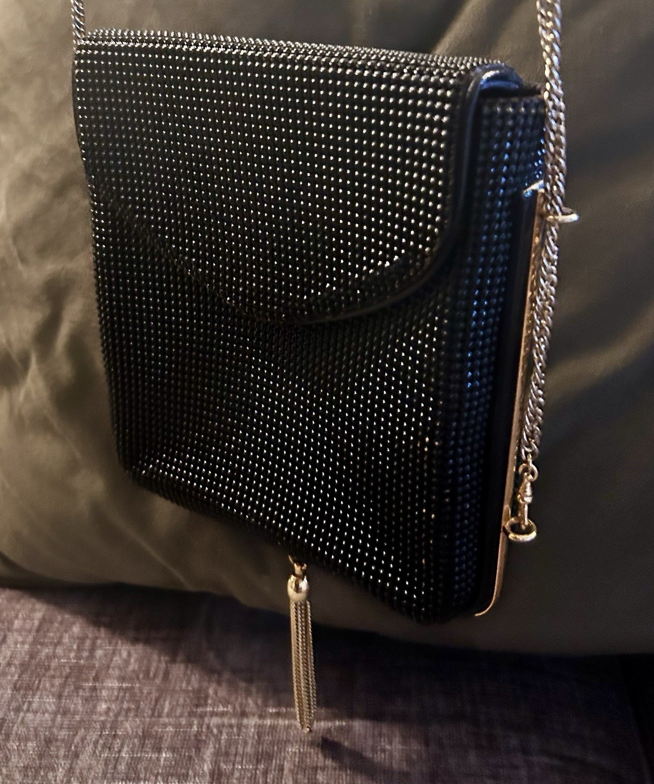 VTG ORBTON USA Black Glomesh Mesh Purse Gold Chain And Tassel Flap Snap Closure