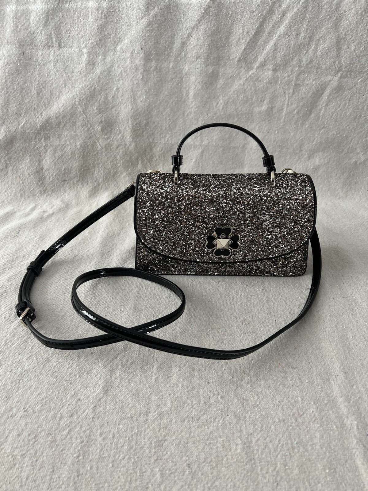 KATE SPADE Odette Glitter Mini Top Handle Crossbody Bag Purse Black Silver