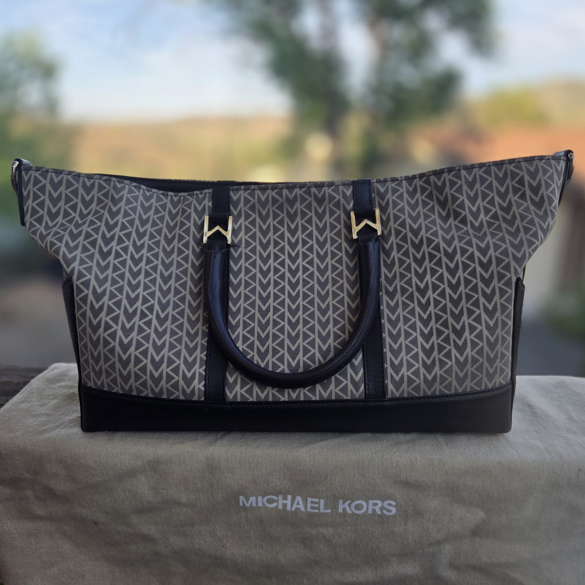 Michael Kors Vintage Canvas Black/Beige Logo Tote, Gold Hardware, Inner Pockets