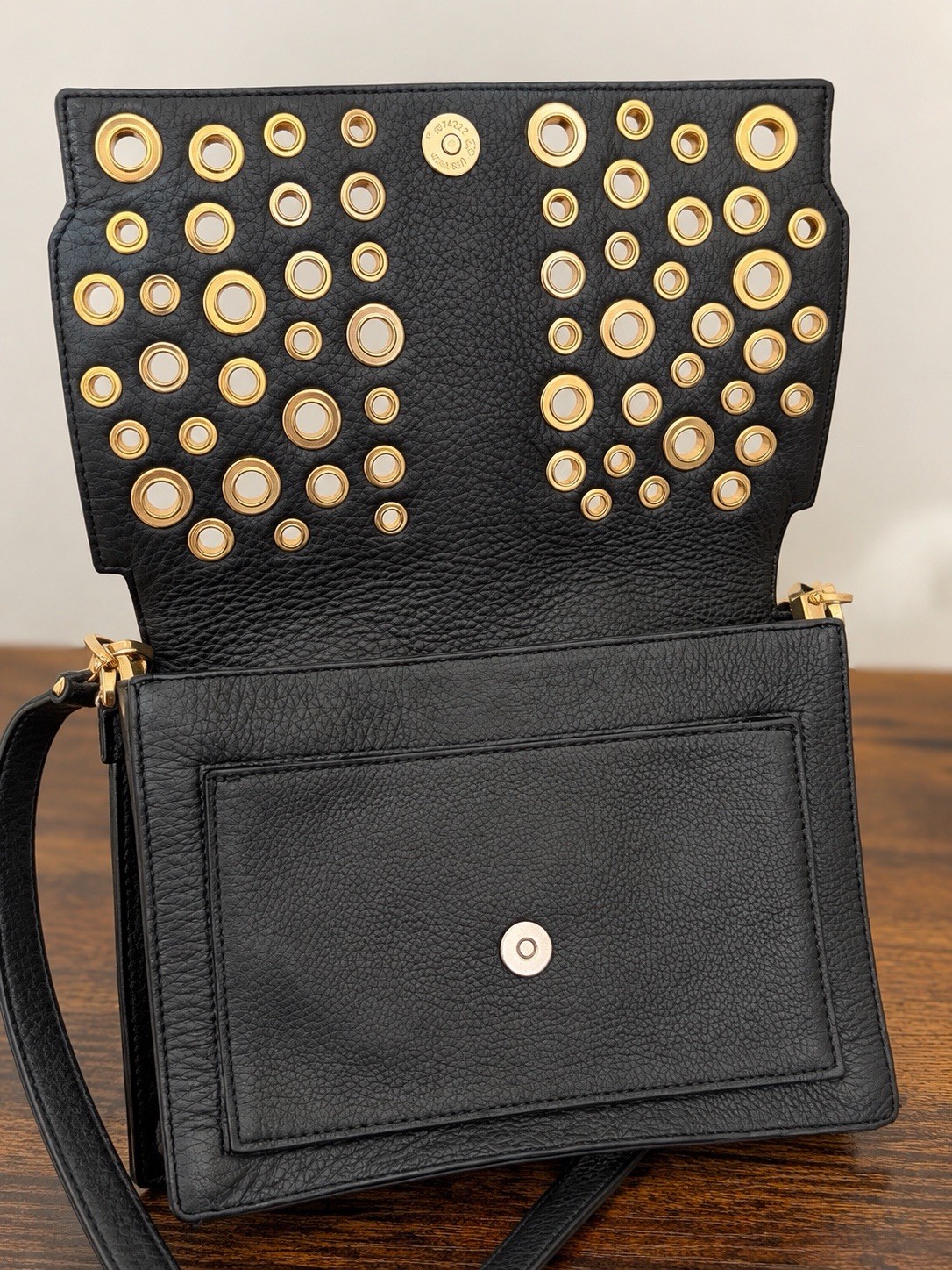 Rebecca Minkoff Genuine Leather Crossbody Shoulder Bag Black Gold Studded