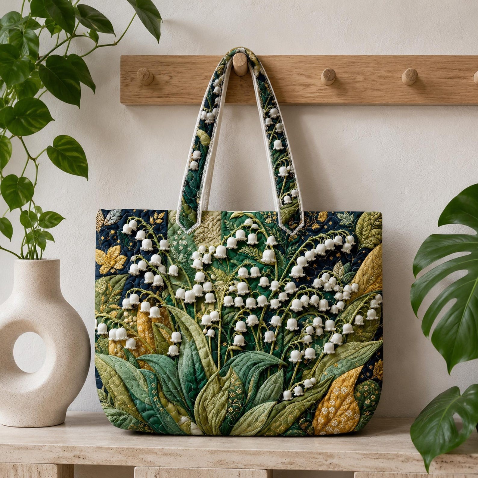 Lily of the Valley Quilted Tote Bag, Personalized Botanical Flower Handbag, Flor