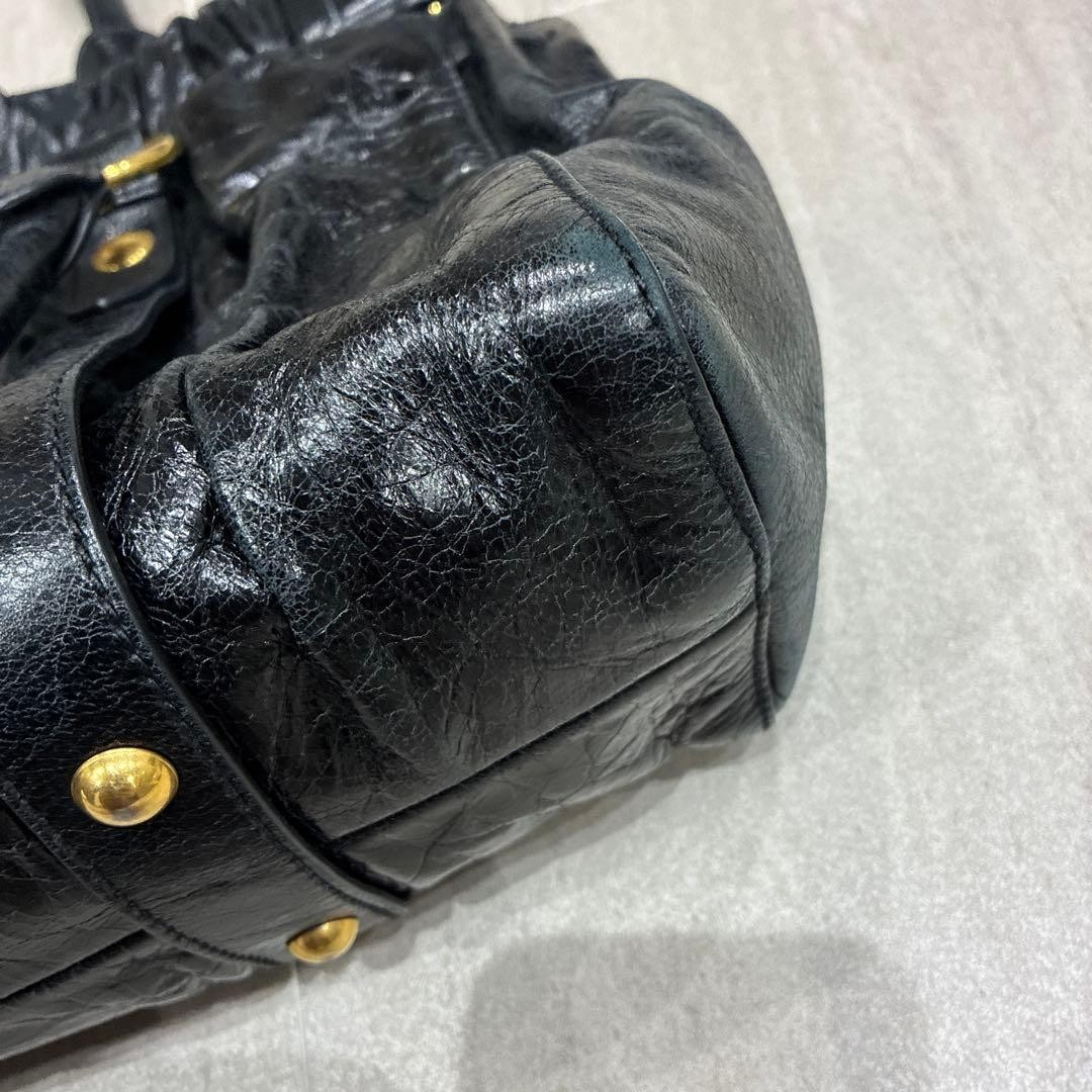 MIU MIU Vitello Lux Leather Handbag Black Gold Gathered Top Handle Bag Y2K