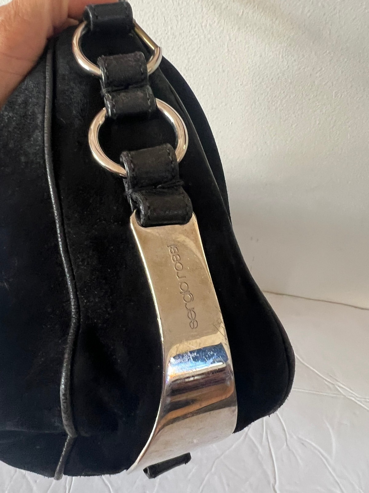 SERGIO ROSSI SUEDE SILVER METAL HARDWARE SHOULDER BAG