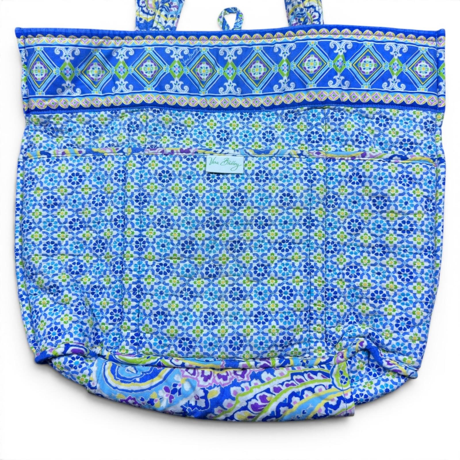 Vera Bradley Tote Bag Womens Large Blue Floral Quilted Cotton Shoulder Handbag