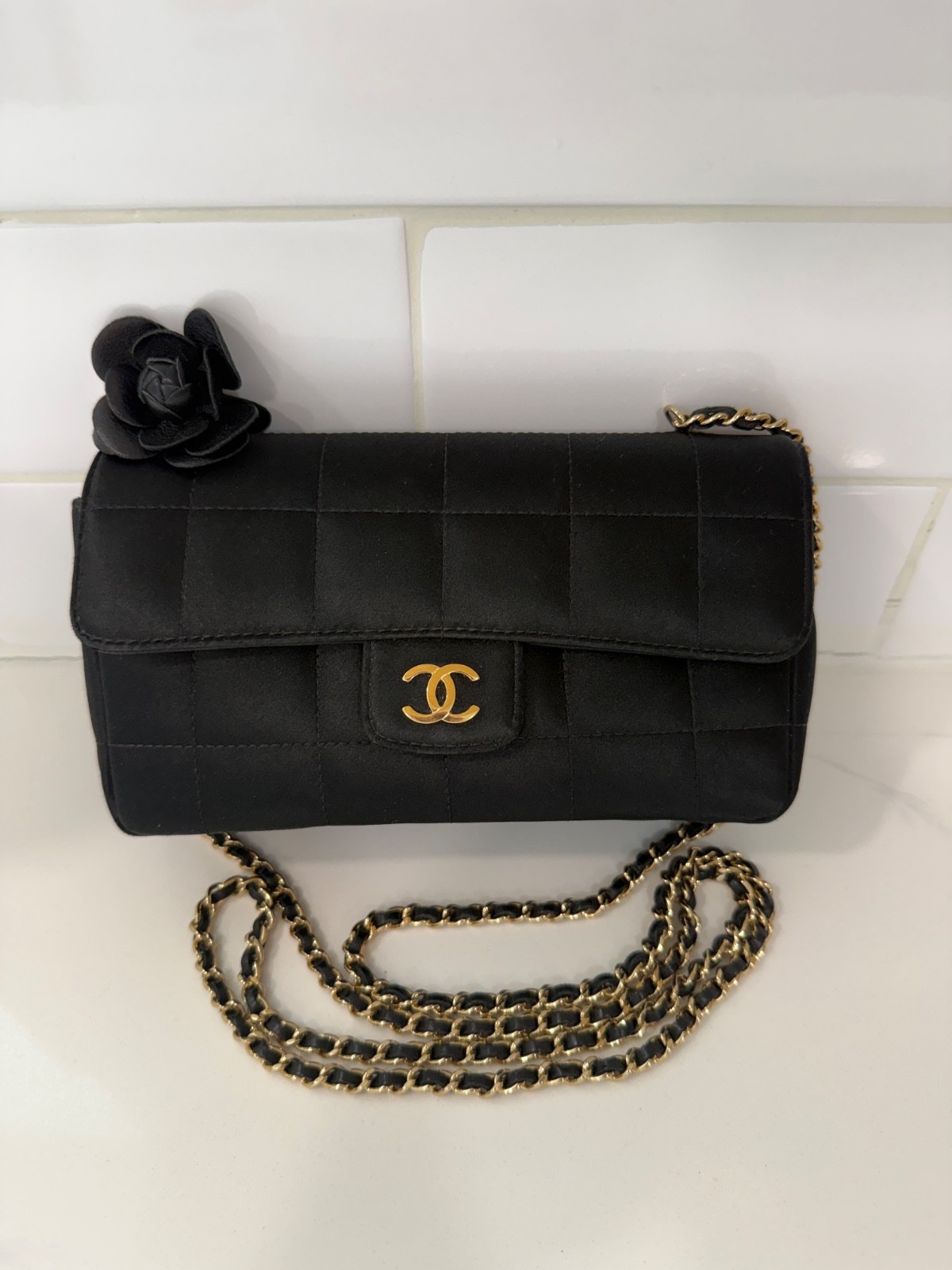 AUTH CHANEL Satin Chocolate Bar Quilted Camellia Rectangular Mini Flap Black