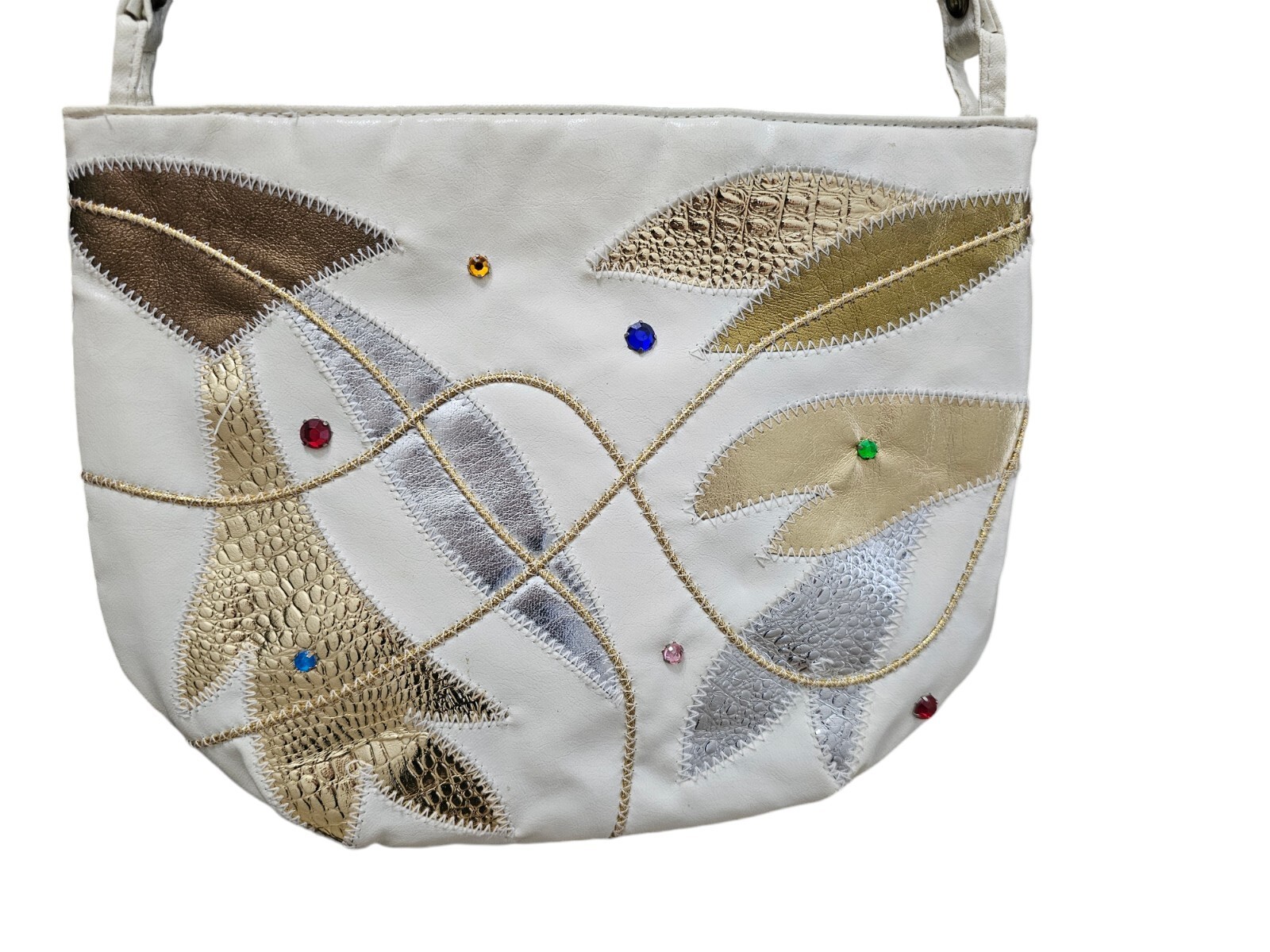 White Leather or Faux Leather Shoulder Bag with Embellishments, Leaf Appliques